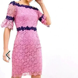Paper Dolls Pink with Navy Blue Off Shoulder Lace Party Formal Dress Size 16 NWT